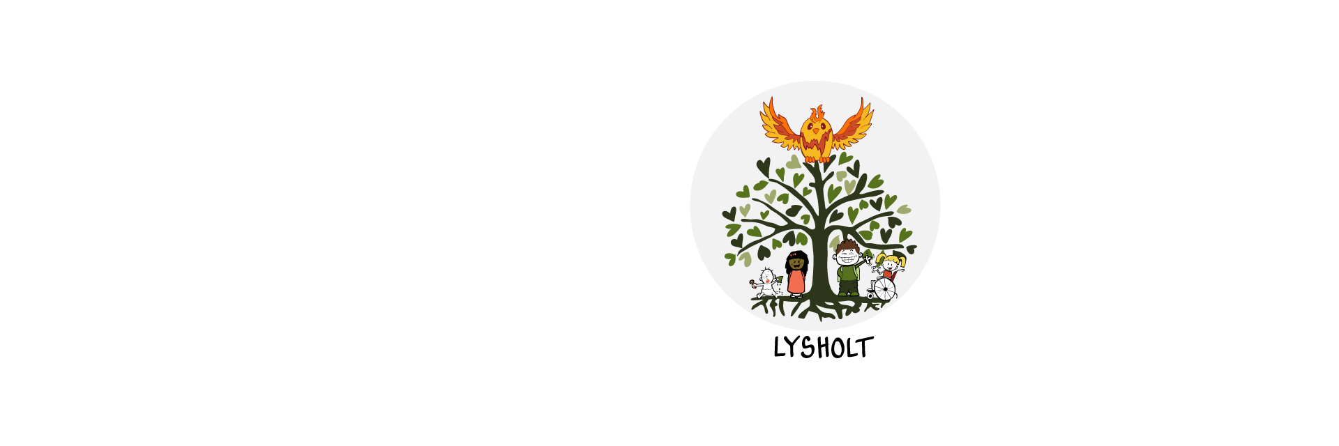 Lysholt - rundt logo, som viser rids af børn under et træ, ovenover er der tegning af en fugl.