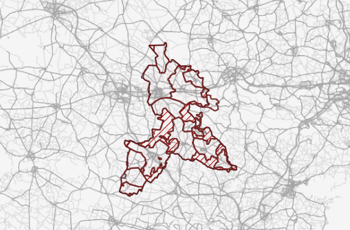 GIS kort - det røde omrids viser forsyningsområder 