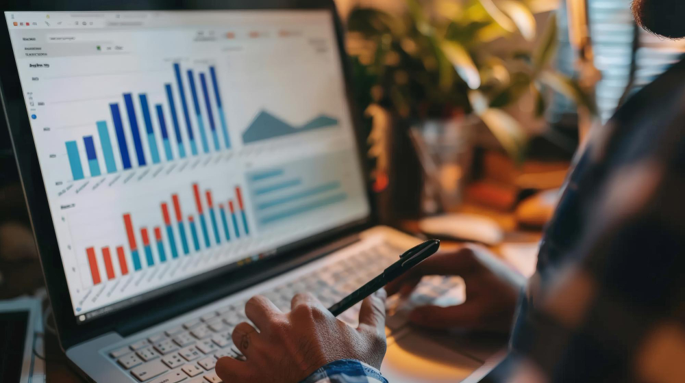 PC. Skærm med søjler i blå og røde farver