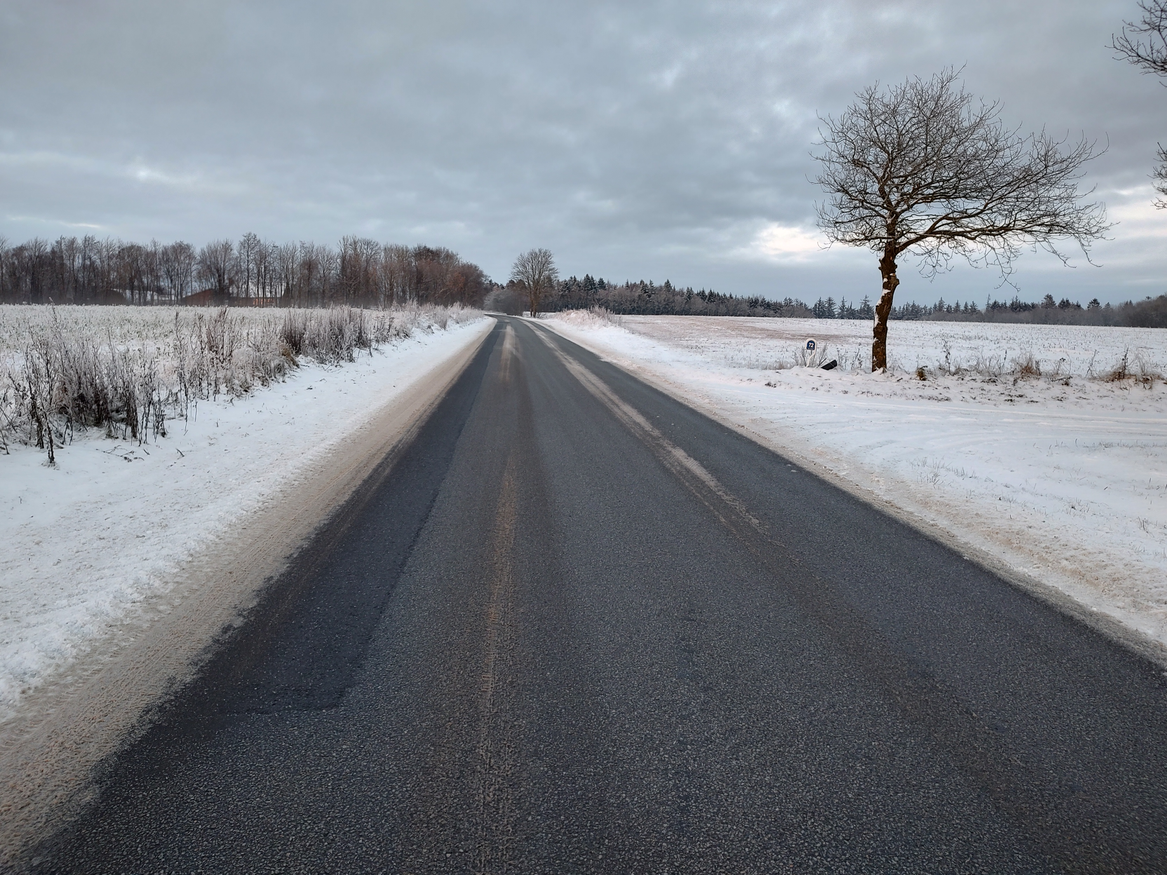 Vej der er ryddet for sne. Der ligge sne på begge siden af vejen og på markernen