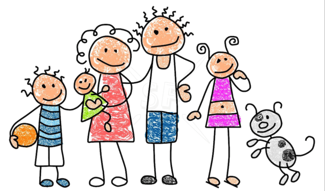 Tegnet illustration af en familie