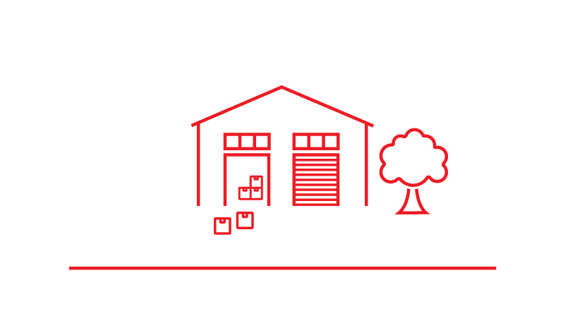 Ikon virksomhed - ikonet viser en bygning med et træ foran - rød stregtegning